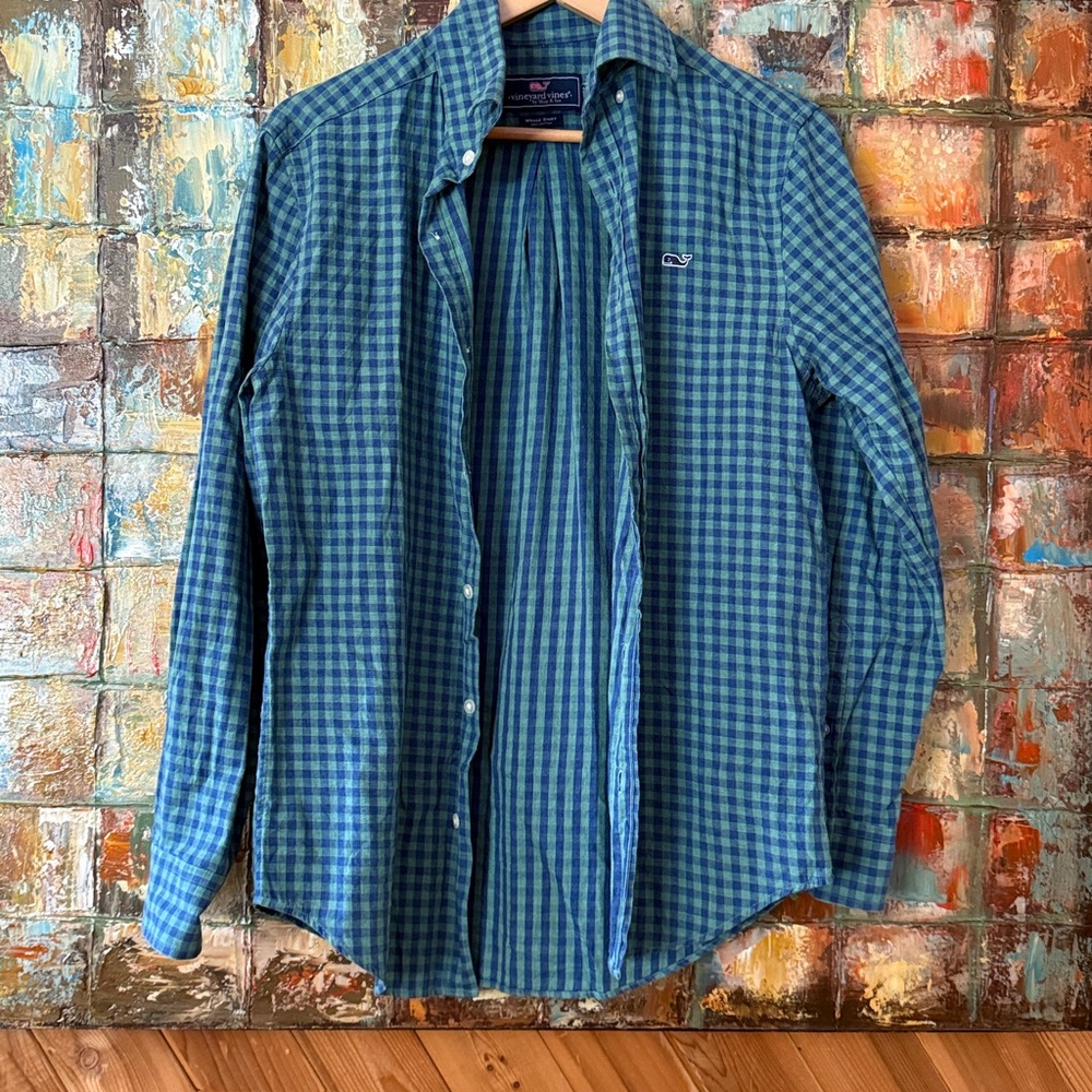 Mens Vineyard Vines Blue and Green Plaid Button-Down